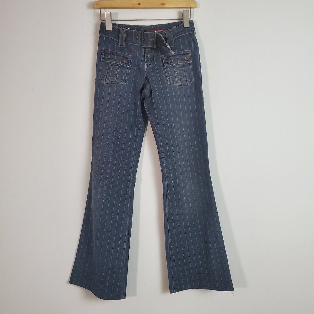 Hot Kiss Jeans 1 Blue Striped Flared Vintage Low Rise Grunge Y2K Boho Casual